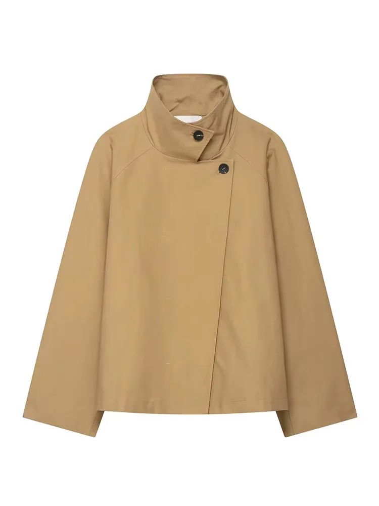 

HH Autumn Woman Chic Asymmetric Buttons Elegant Jacket Women Short Windbreaker High Collar Loose Casual High Street Coat