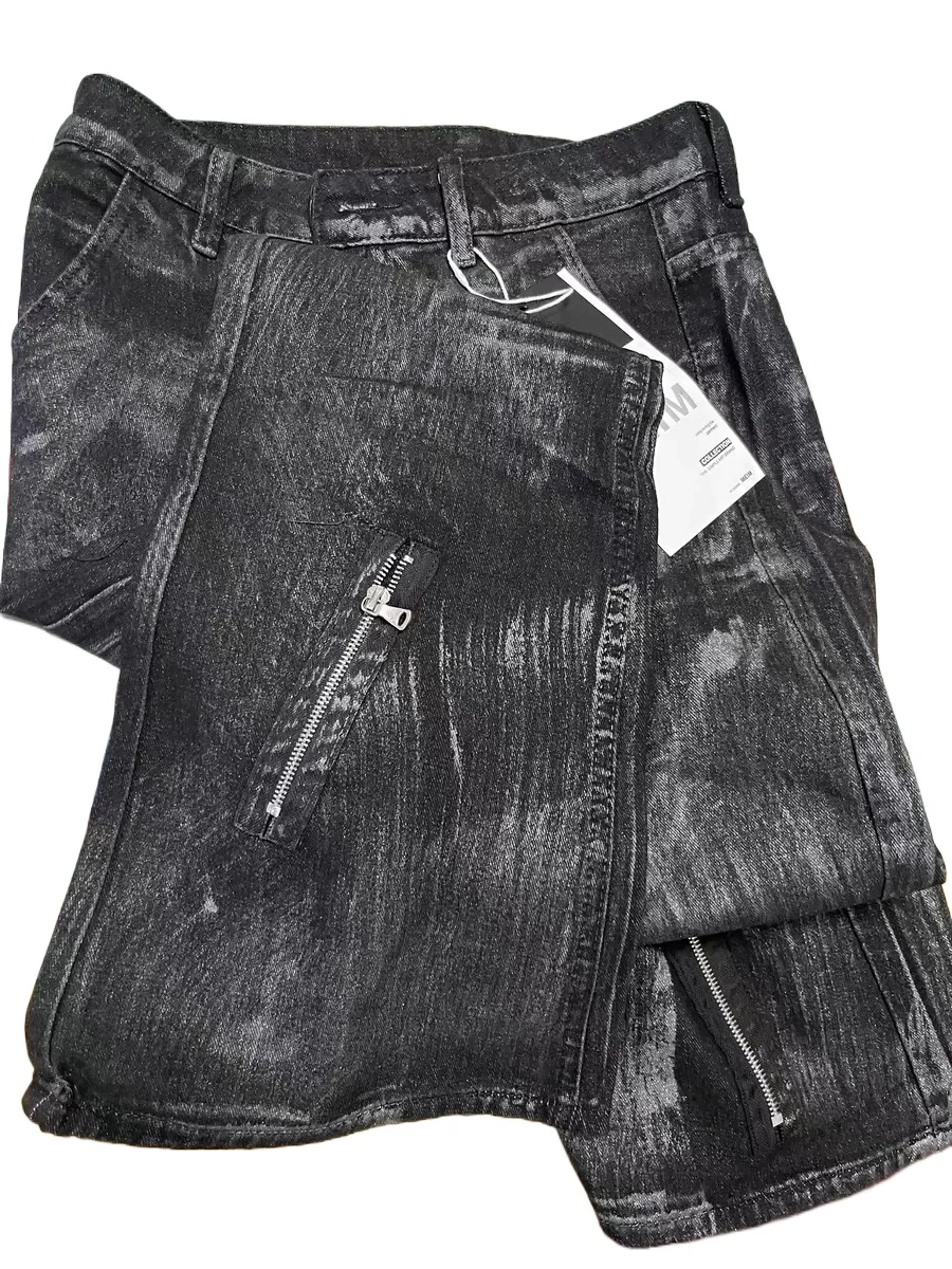 Preto escova cera micro queimado jeans americano vintage de alta qualidade na moda lavagem múltipla zíper design calças chão