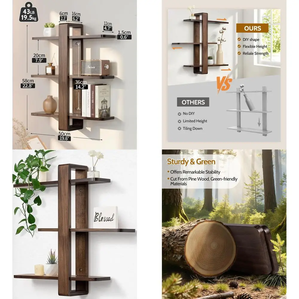 

Wall-Mounted Walnut 3-Tier Floating Shelves for Living Room, Bedroom, or Bathroom - Large 20in, All-Pine Decorative Storage