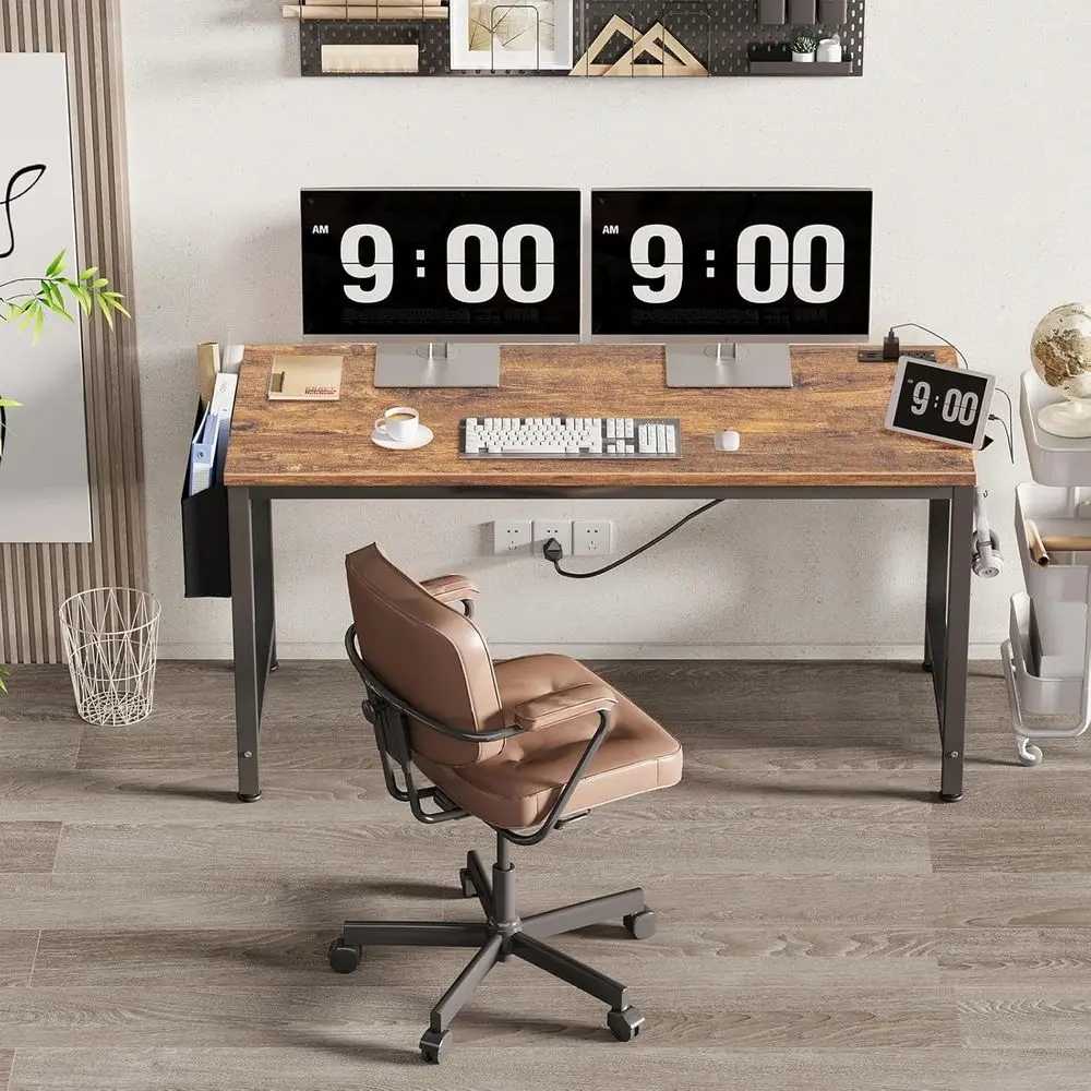 Brown 55 Study & Home Office Desk with Built-In Power Outlets for Computer Workstations