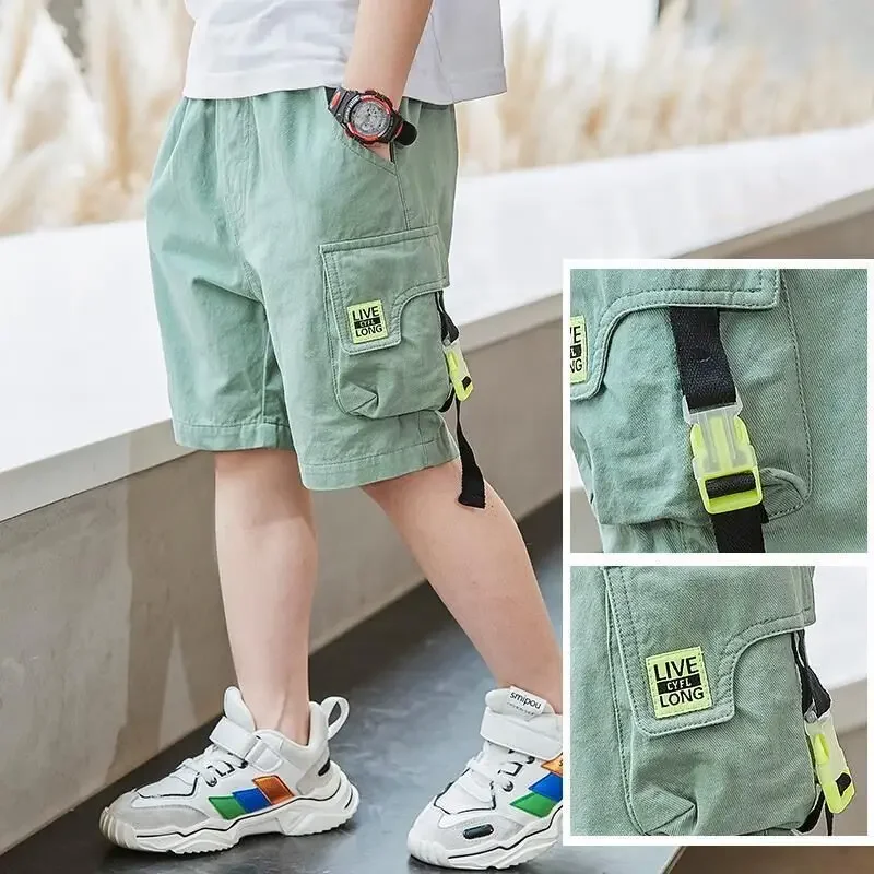 Boys Shorts Summer Loose Pants Teenage Trouser Pocket Shorts Kids Casual Cargo Short Pants Children\'s Elastic Waist Cotton Pants