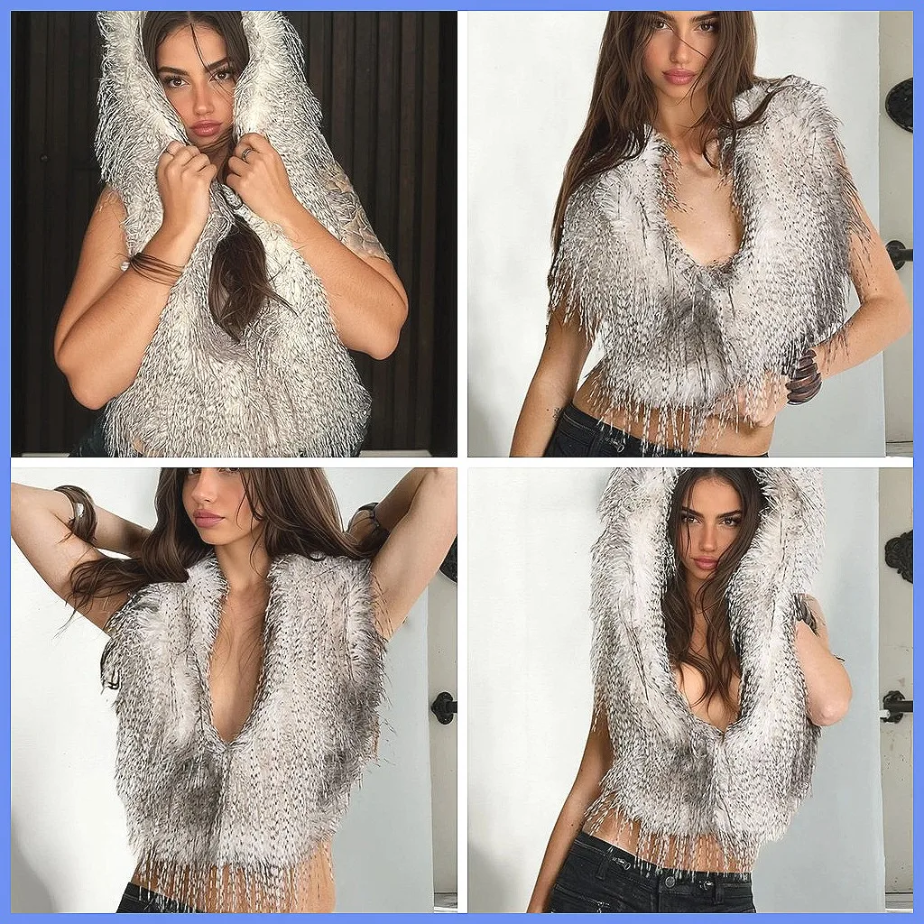 Weird Puss Women's Fashion Crop Top: Furry Tassel Hooded, Deep V-Neck & Backless Patchwork Halter