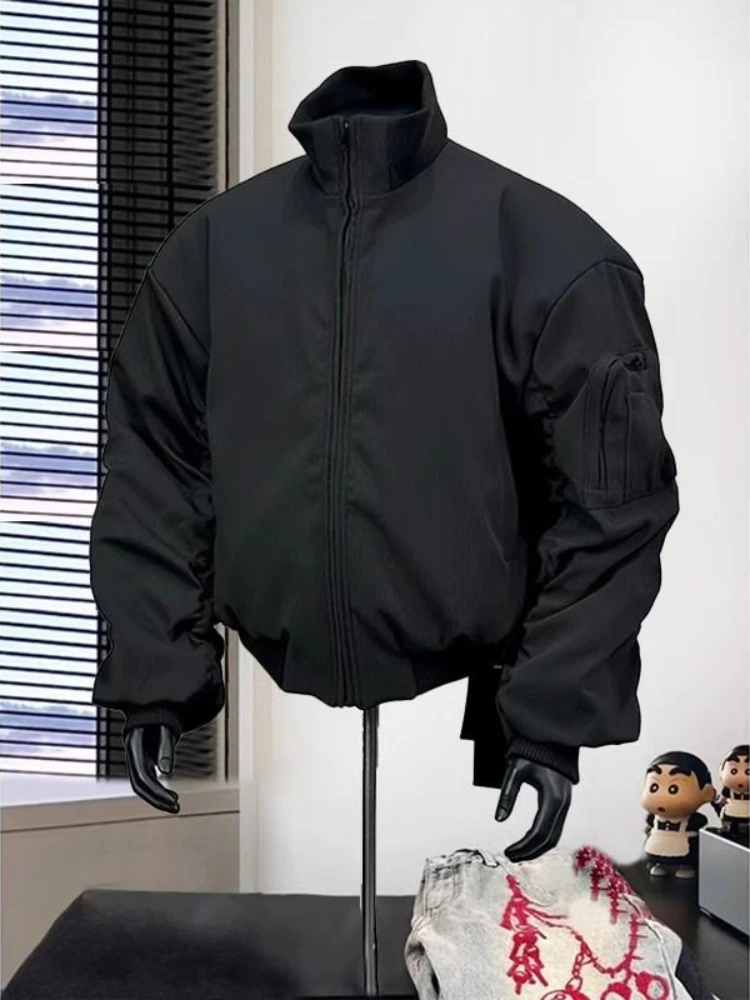 

Mens Jacket American Streetwear Black Stand Collar Zip Up Bomber Coat Cargo Pocket Short Loose Fit Dark Punk Style Fashion Cool