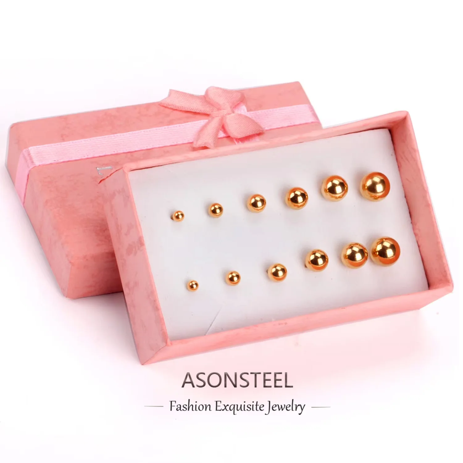 ASONSTEEL 6pairs/Box Rose Gold Color Round Ball Stainless Steel Small Piercing Stud Earrings Sets Fashion Jewelry for Women Men