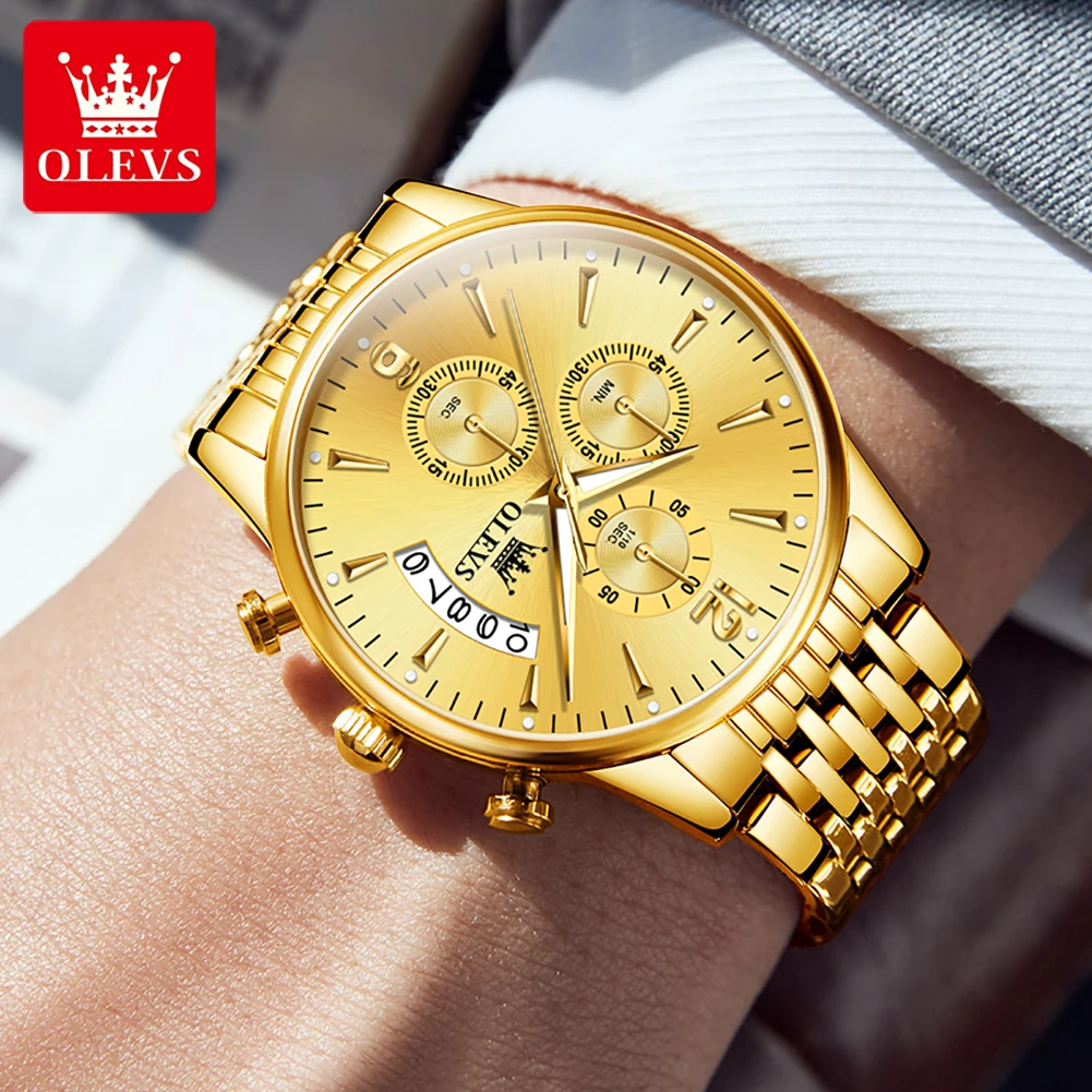 OLEVS 2867 reloj dorado para hombre, reloj clásico de acero inoxidable resistente al agua con luz nocturna, temporizador multifuncional, reloj de cuarzo para hombre de alta calidad