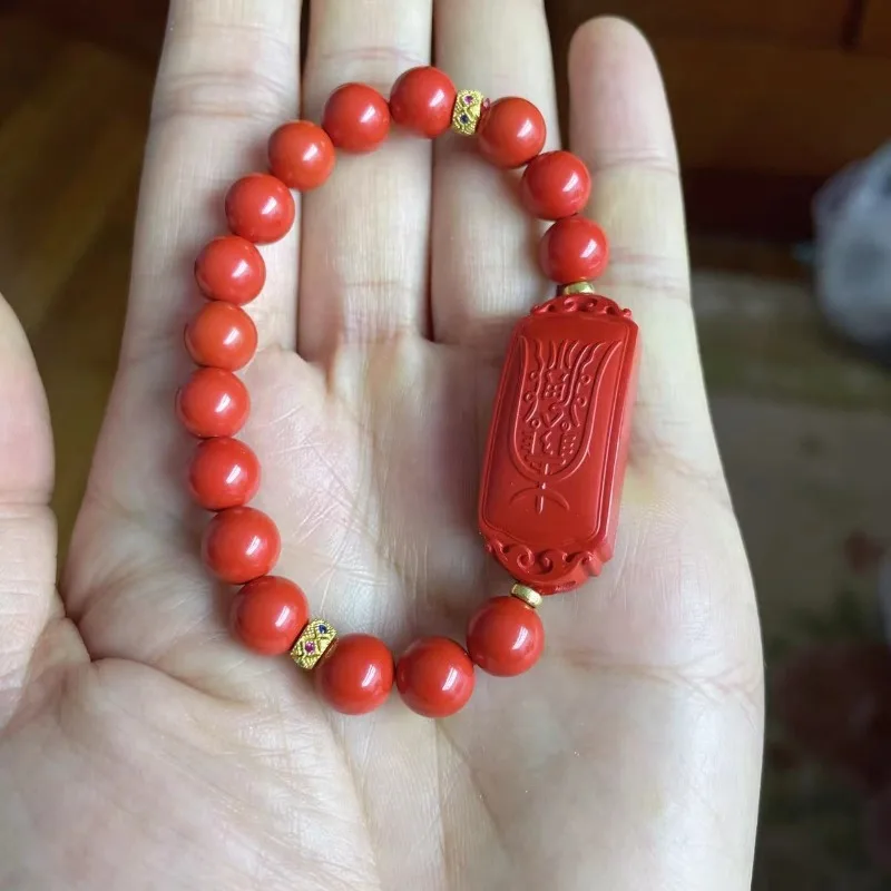 Natural Vermilion Sand, Red Sand, Peace and Joy Hand Card, Exquisite Craftsmanship, Bracelet, Lucky Mascot for Men and Women