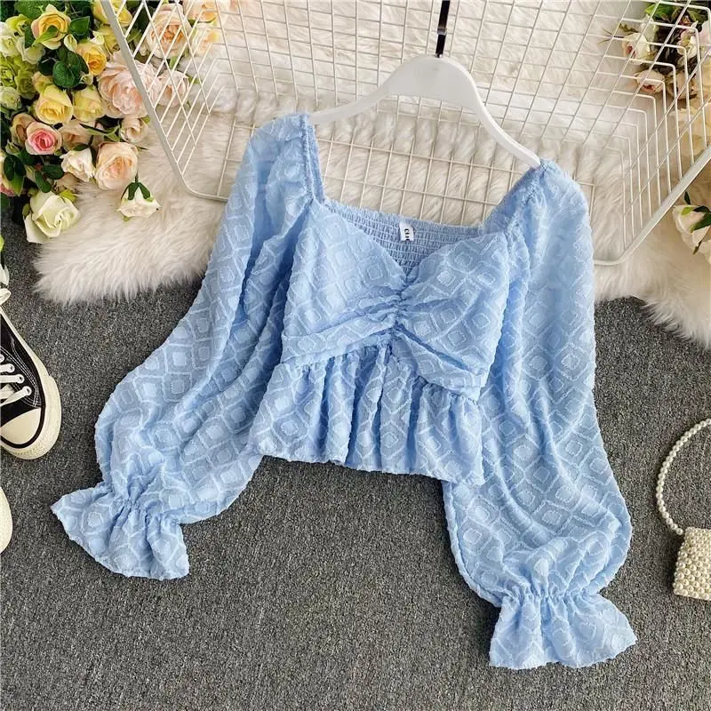 Blouses Women Spring New Square Collar Folds Cropped Solid Clothing Harajuku Daily Aesthetic Sexy Tops Breathable Tender Mujer