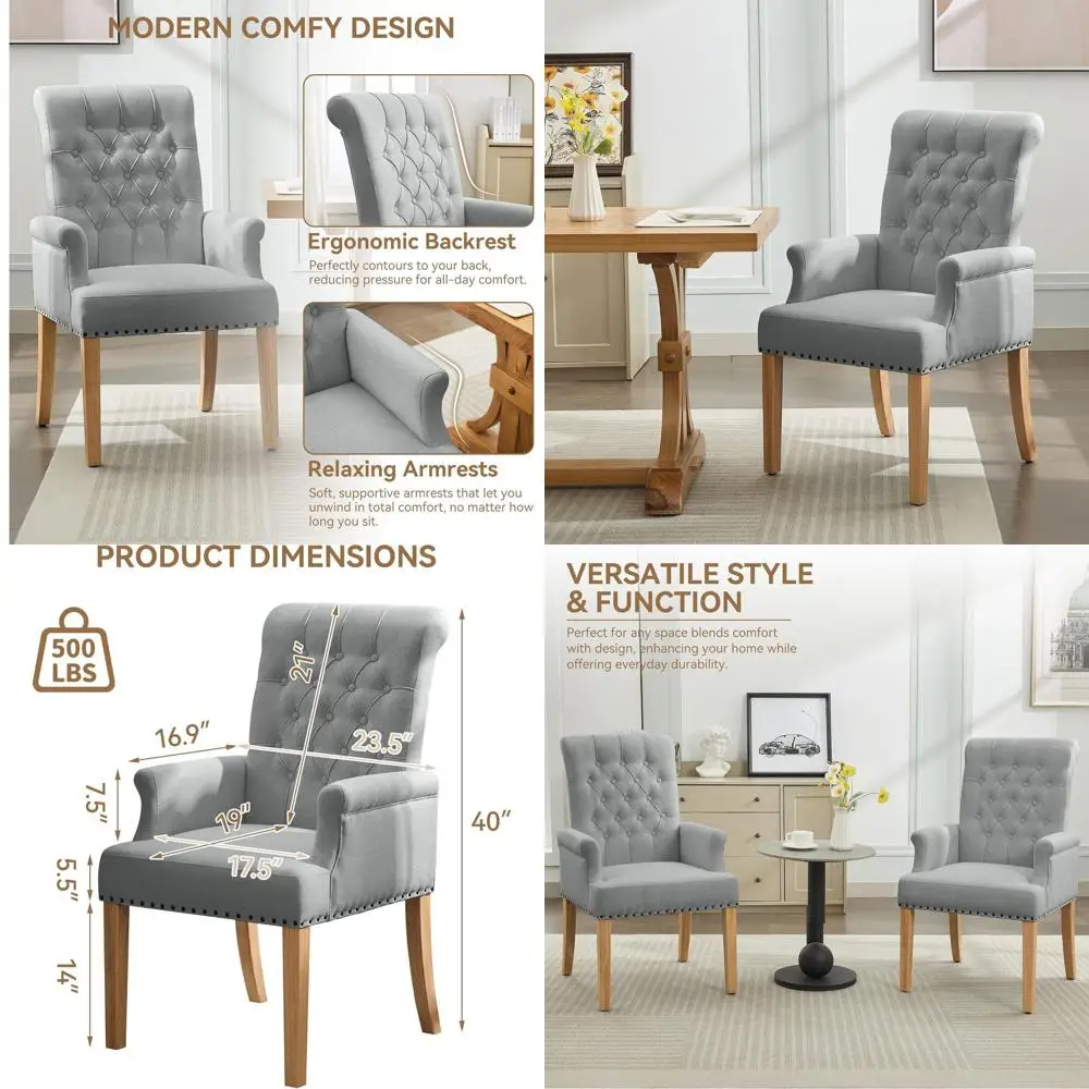 Upholstered High-Back Dining Chairs with Arms, Tufted Accent Armchair, Solid Wood Legs, Nailhead Trim, Light Grey for Kitchen an