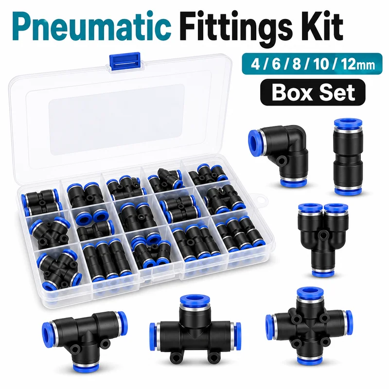 Pneumatic Push In Fittings Kit 4 6 8 10 12mm Air Hose Tube Quick Release Connectors Straight Elbow Tee Y Cross Storage Box