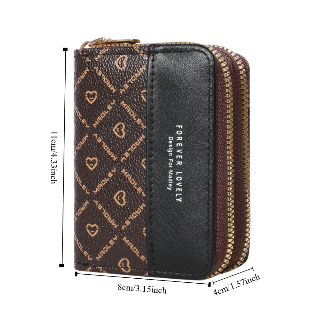 Modne portfele damskie w stylu koreańskim z blokami kolorów, krótkie portmonetki na karty z podwójnym zamkiem błyskawicznym, skórzane etui na monety i karty.