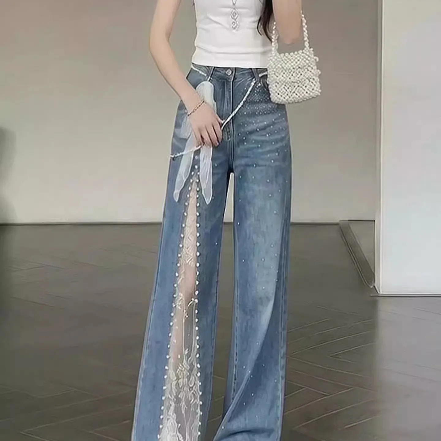 Jean droit pour femme, nouveau, bleu, taille haute, coupe ample et fine, avec design en dentelle et perles, style décontracté