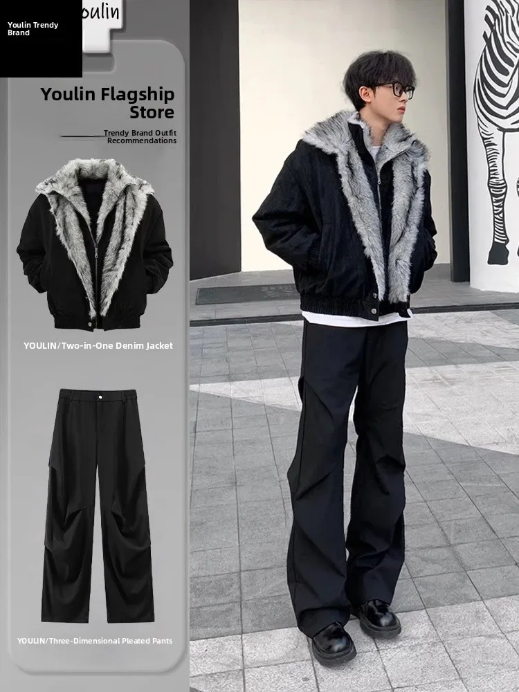 

American Sle Faux Two-Piece Wolf King Mountain Eagle Cotton Jaet Cool Haome Men's Ensemble Fce Lined Thi Hig...