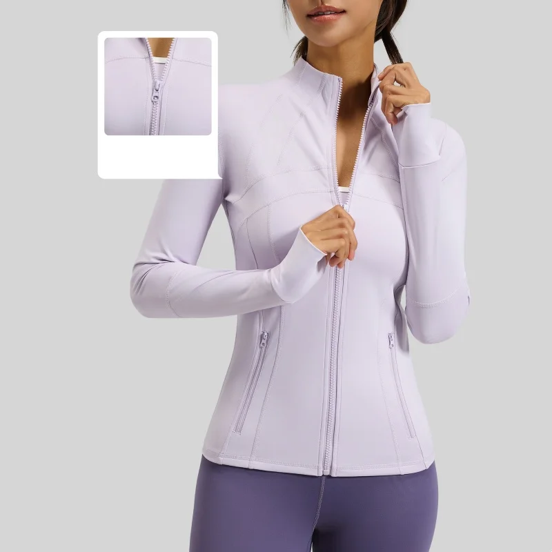 Top da yoga da donna con cerniera intera da palestra con fori per i pollici Giacca da corsa fitness Vestibilità elasticizzata Manica lunga Girocollo Top Abbigliamento sportivo