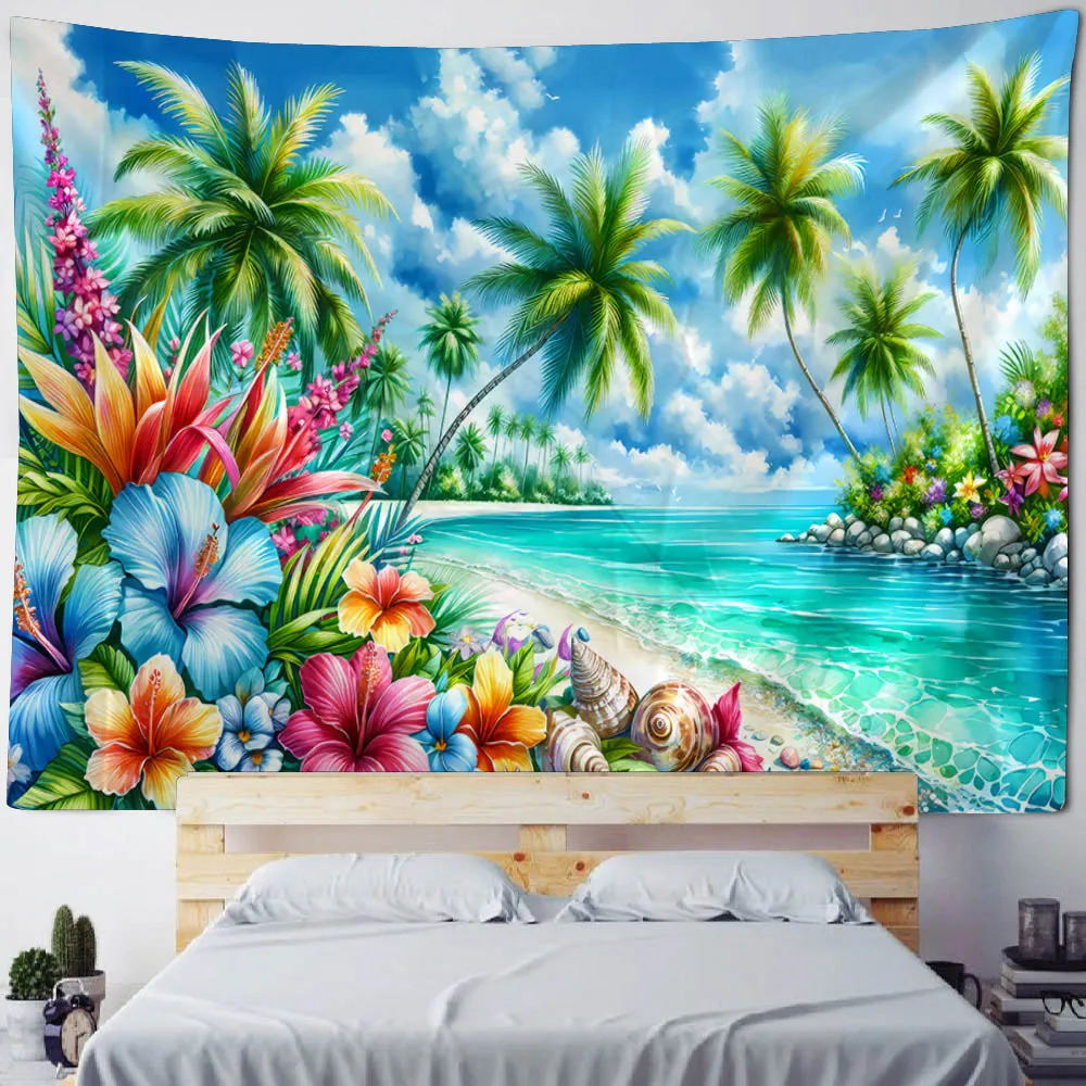 Flower, coconut tree, sea tapestry, wall hanging cloth, dreamy landscape background cloth, living room, bedroom wall decoration