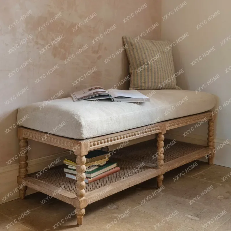 JJAmerican Retro Solid Wood French Door-to-door Long Bench Bedroom Multi-function Bed Stool Soft Cushion Removable Washable