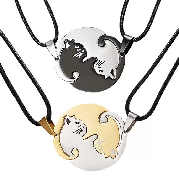 2 TEILE/SATZ Edelstahl Katze Anhänger Halskette Niedliche Tierornamente, PU-Seilkette, stilvoller Halsbandschmuck für Freunde