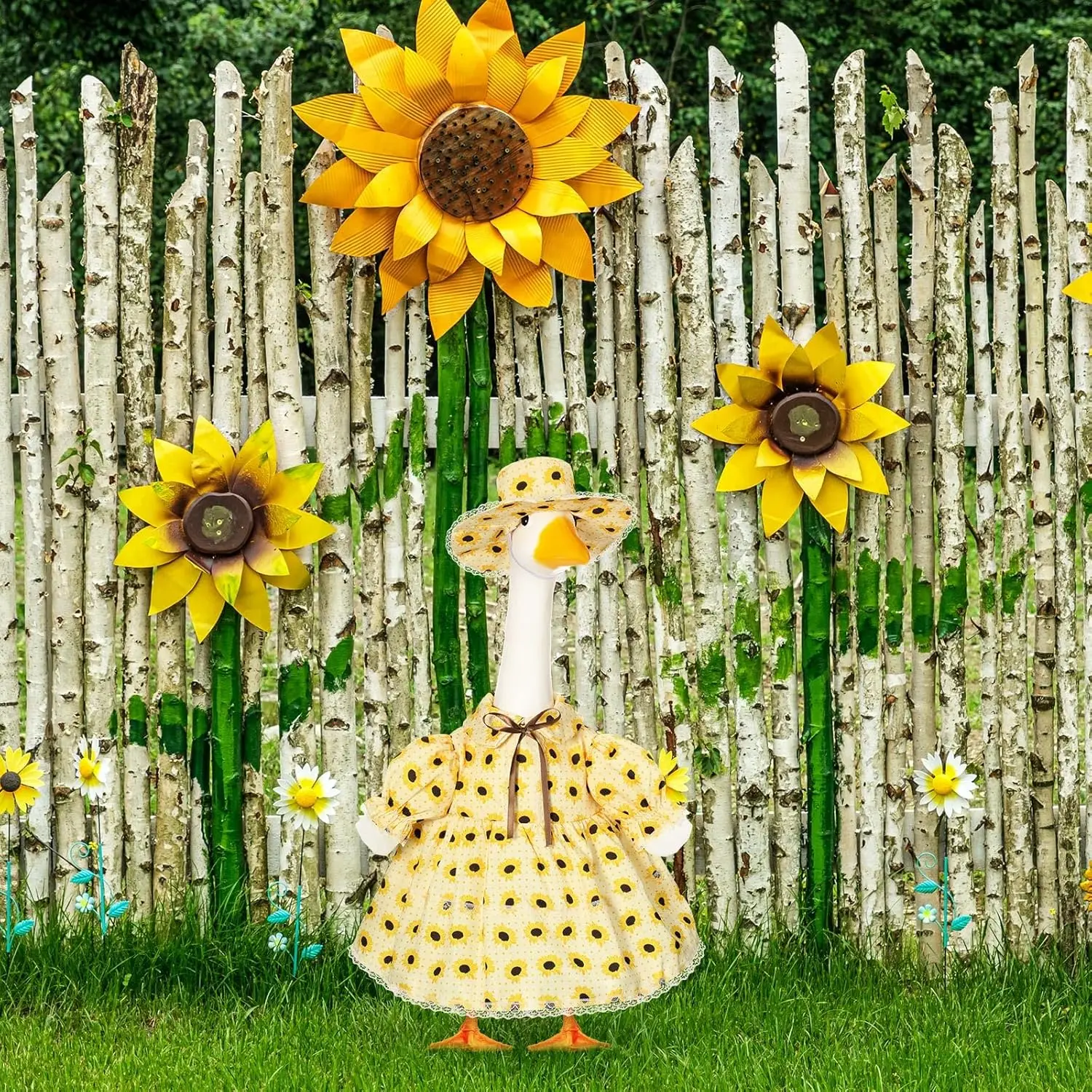 Sunflower-Themed Goose Costume, Yellow Sunflower Pattern Summer Dress with Lace And Sun Hat, Suitable for 23-Inch Goose Statue for Decorative Goose Statue, Yard Art Decoration view 6
