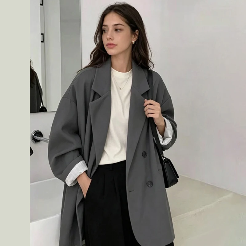 Women Oversized Double Breasted Blazer Notched Lapel Loose Mid Length Long Sleeve Casual Work Suit Jacket Daily Office Outerwear