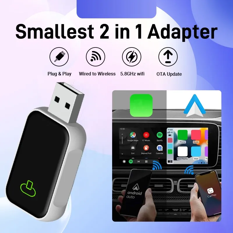 Neue drahtlose Carplay-Auto-Konnektivitätsbox, intelligente drahtlose Box, 2-in-1-Plug-and-Play, automatische Bluetooth 5.0-Verbindung, 5,8 GHz WLAN