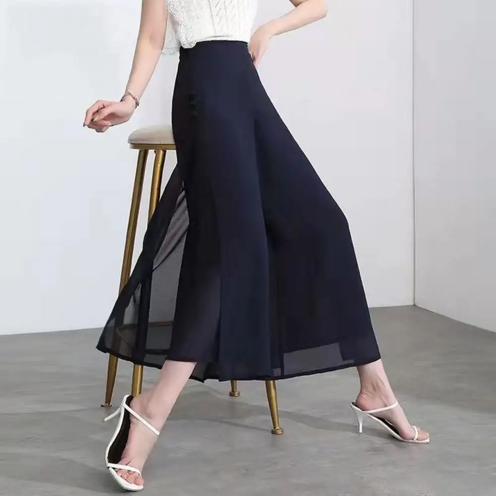 Calça de perna larga feminina em chiffon, elegante calça comprida, com divisão lateral, cintura alta, elegante, solta para A