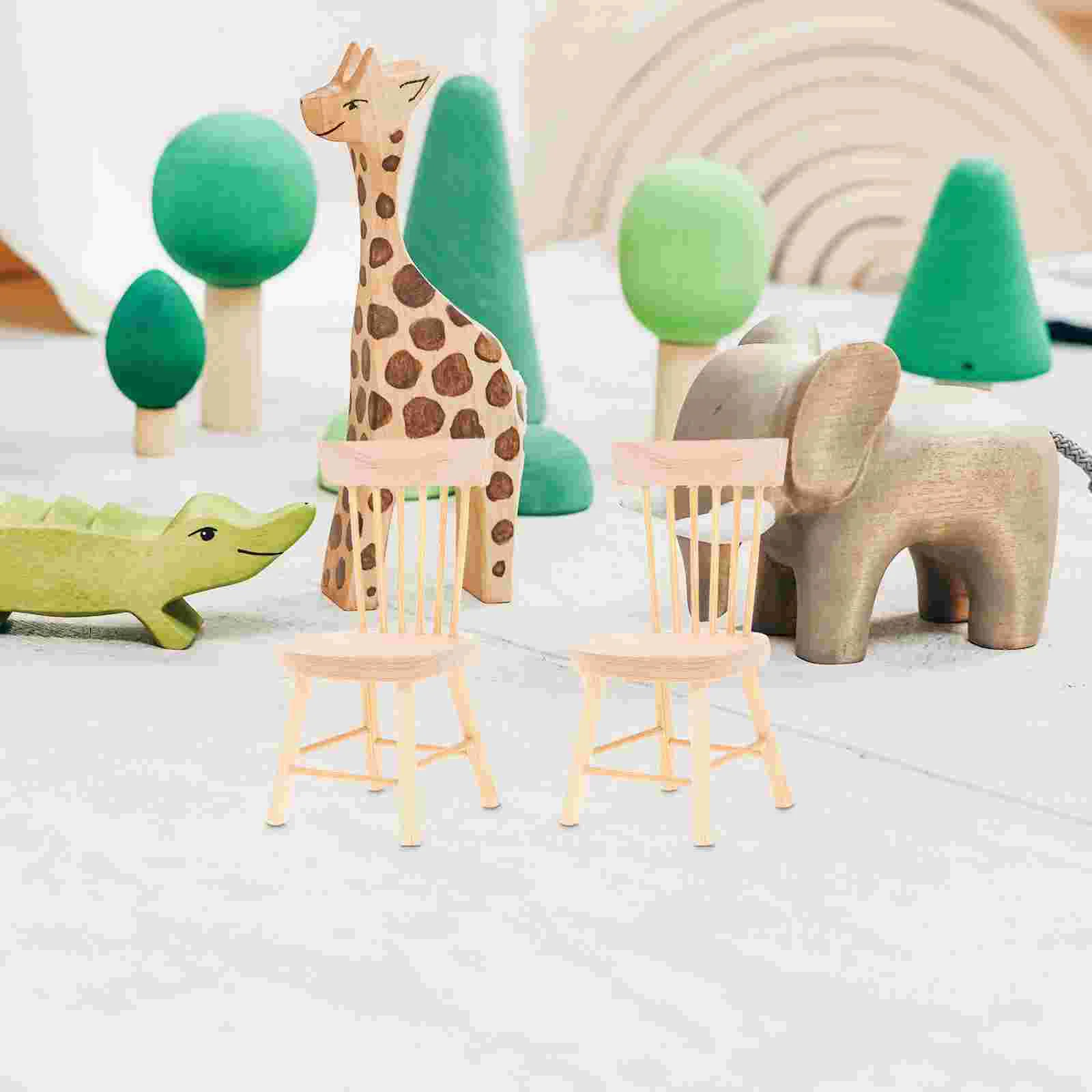 2 Pcs Toys Dollhouse Chair Baby Highchairs Miniature Figurines Furniture Beige Wooden Model Stool