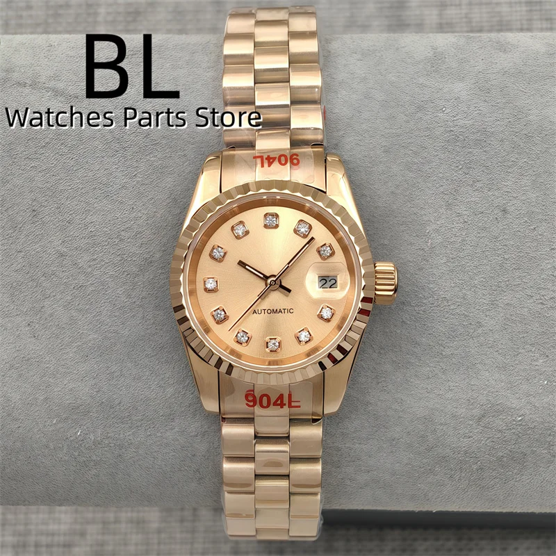 BLIGER Jam Tangan Wanita Gerakan NH05 Mewah 26Mm Emas Mawar Dua Warna Dial Emas Mawar dengan Indeks Berlian Bezel Bergalur Kristal Safir