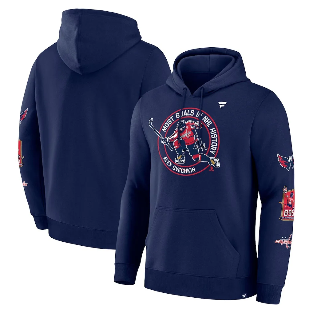 

Alexander Ovechkin Washington Capitals Fanatics All-Time Leading Goal Scorer Badges Пуловер с капюшоном - Темно-синяя толстовка с длинными рукавами