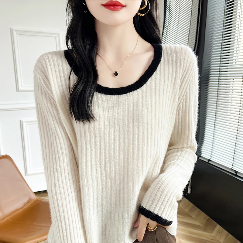 Round Neck Sweater 100% Pure Wool Pullover Women's Spring/Autumn Long Sleeved Top Fashion U Collar Cashmere knit Clothing Female