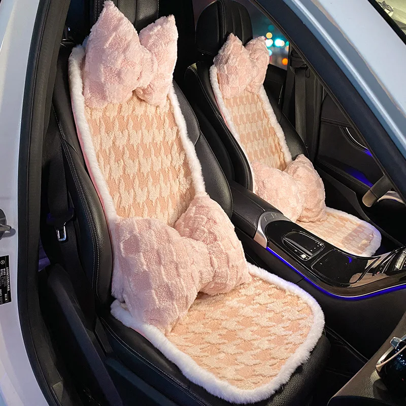 

Full Set of Car Seat Cushions Winter Plush Plaid Pattern Pink Seat Cushion Single Piece New Car Seat Rear Warm Cushion