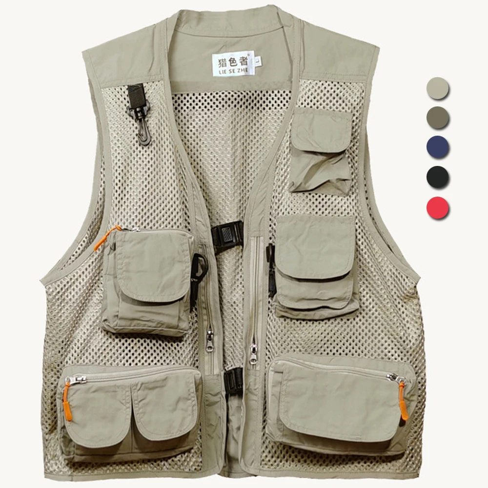 

Multi Pockets Vest Men Summer Mesh Photography Waistcoat Reporter Director Casual Vests Work Uniform Breathable Outdoor Fishing