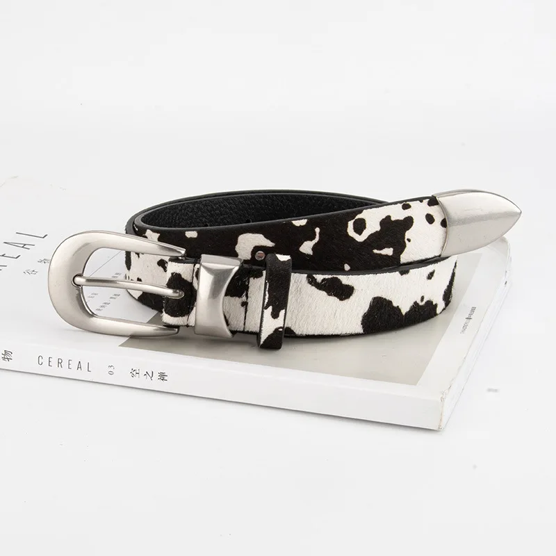 Vintage Genuine Leather Women's Belt with Unique Cow Print for Jeans