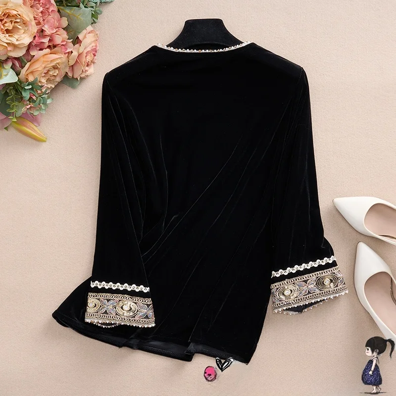 New Chinese Style Women's Velvet Base Shirt Embroidered Asymmetrical Collar Slim Fit Top Coat Spring Autumn Fashion