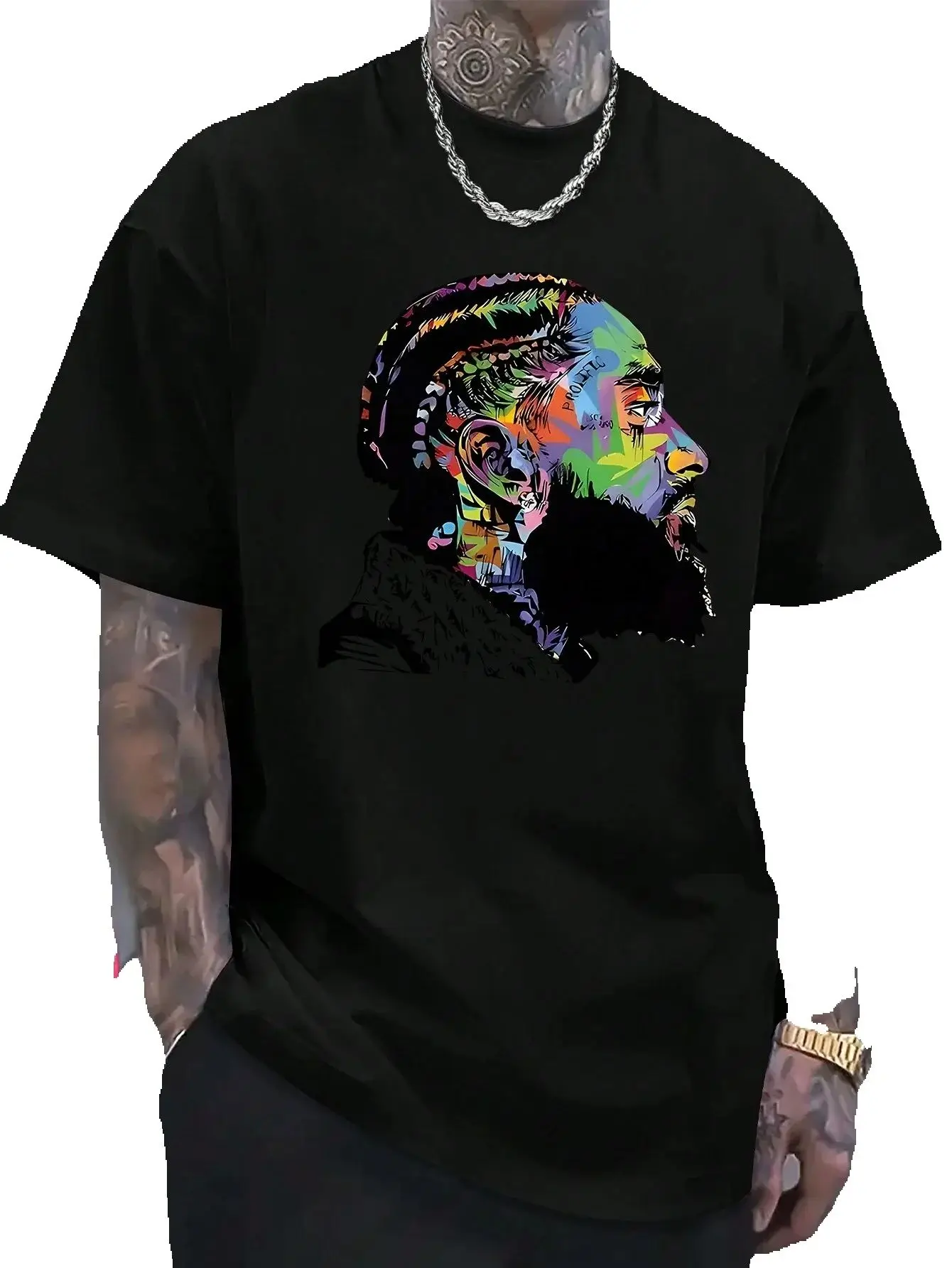 (220 تي شيرت من القطن الخالص) للرجال صيفي برقبة دائرية وأكمام قصيرة كاجوال من القطن الخالص مطبوع عليه صورة جرافيتي فنية #1