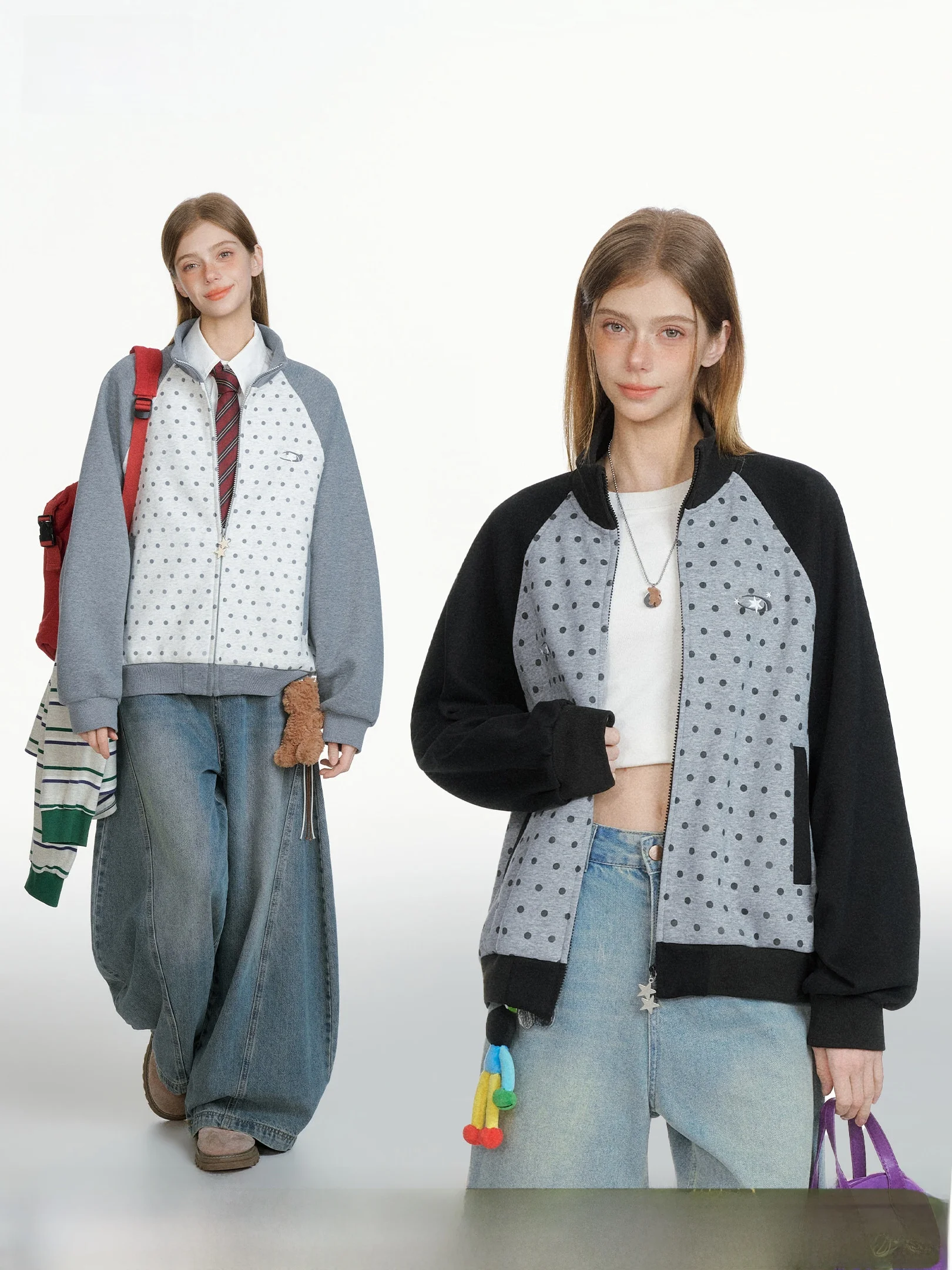 

Американский кардиган в горошек с открытым передом, весна 2026, свободный спортивный свитшот, топ в стиле ретро, с длинными рукавами, на молнии