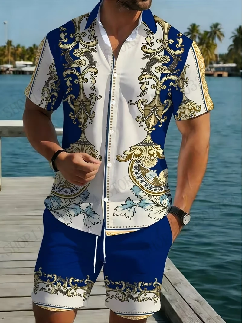 Mens Fashion Clothes - Goldenes Luxus-Palast-Präge-Muster 3D-Druck Hawaiihemd + kurzes