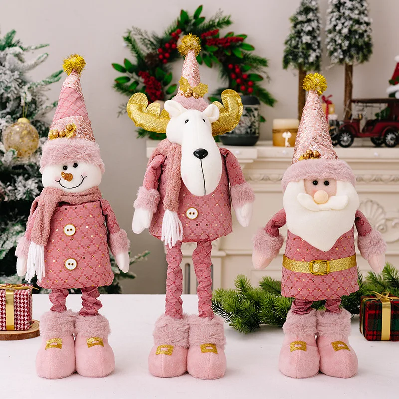 New Pink Christmas Santa Snowman-Reindeer Christmas Plush Toys Telescopic Long Legged Plushies Doll Decoration New Year Xmas Gif