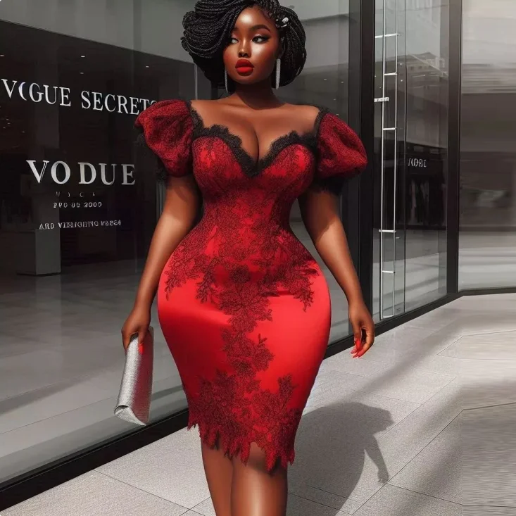 Rote Ballkleider, herzförmige Spitzenapplikationen, bauschige, kurze Ärmel, knielange Abendkleider, Aso Ebi Cocktailpartykleid