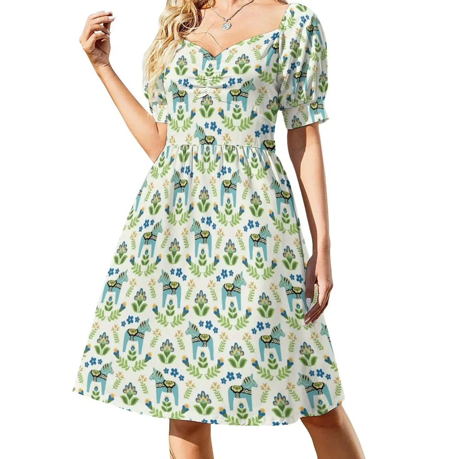 

Swedish Dala Horses Teal Short-Sleeved Dress party dresses woman Women's clothing Dress