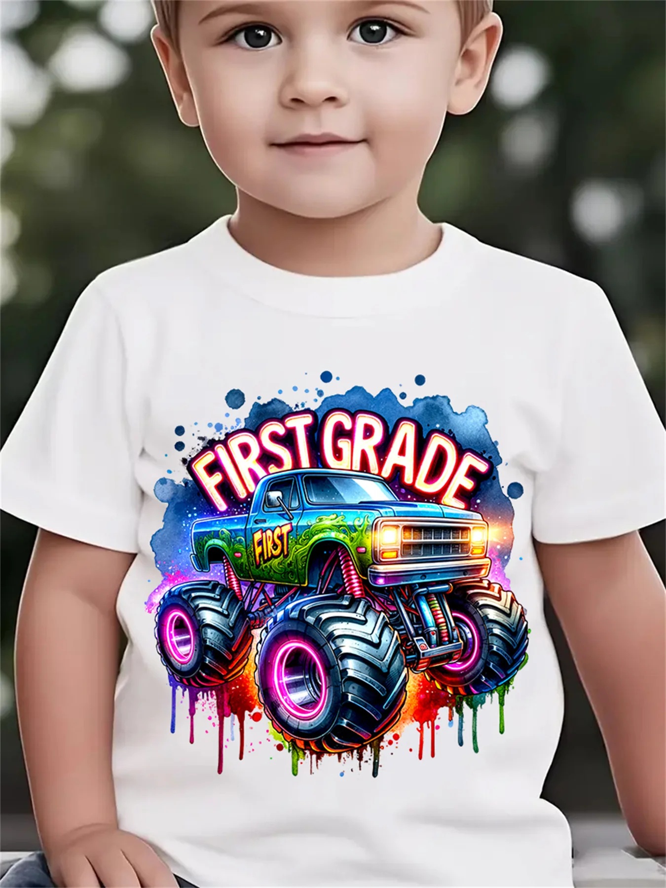Neon Drip First Grade Monster Truck Splash Print Family Matching Cotton Tees Short Sleeve Tops For Mom Dad Boys Girls Daily Wear