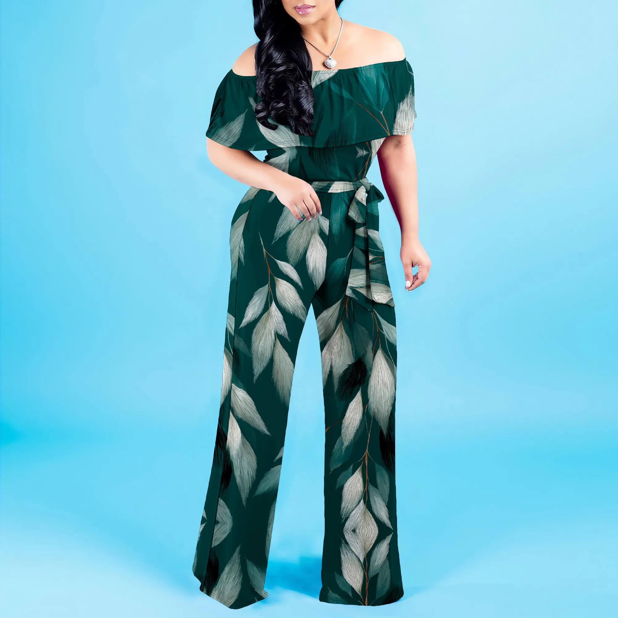 Geometric Color Block Off Shoulder Jumpsuit Women Wide Leg Belted Summer Casual Romper