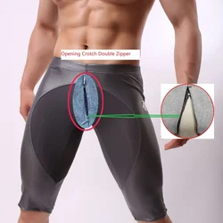 Apertura sul cavallo doppia cerniera pantaloncini sportivi da pirata da uomo pantaloni da Fitness da uomo pantaloni da Yoga attillati da uomo palestra da uomo yoga stretto