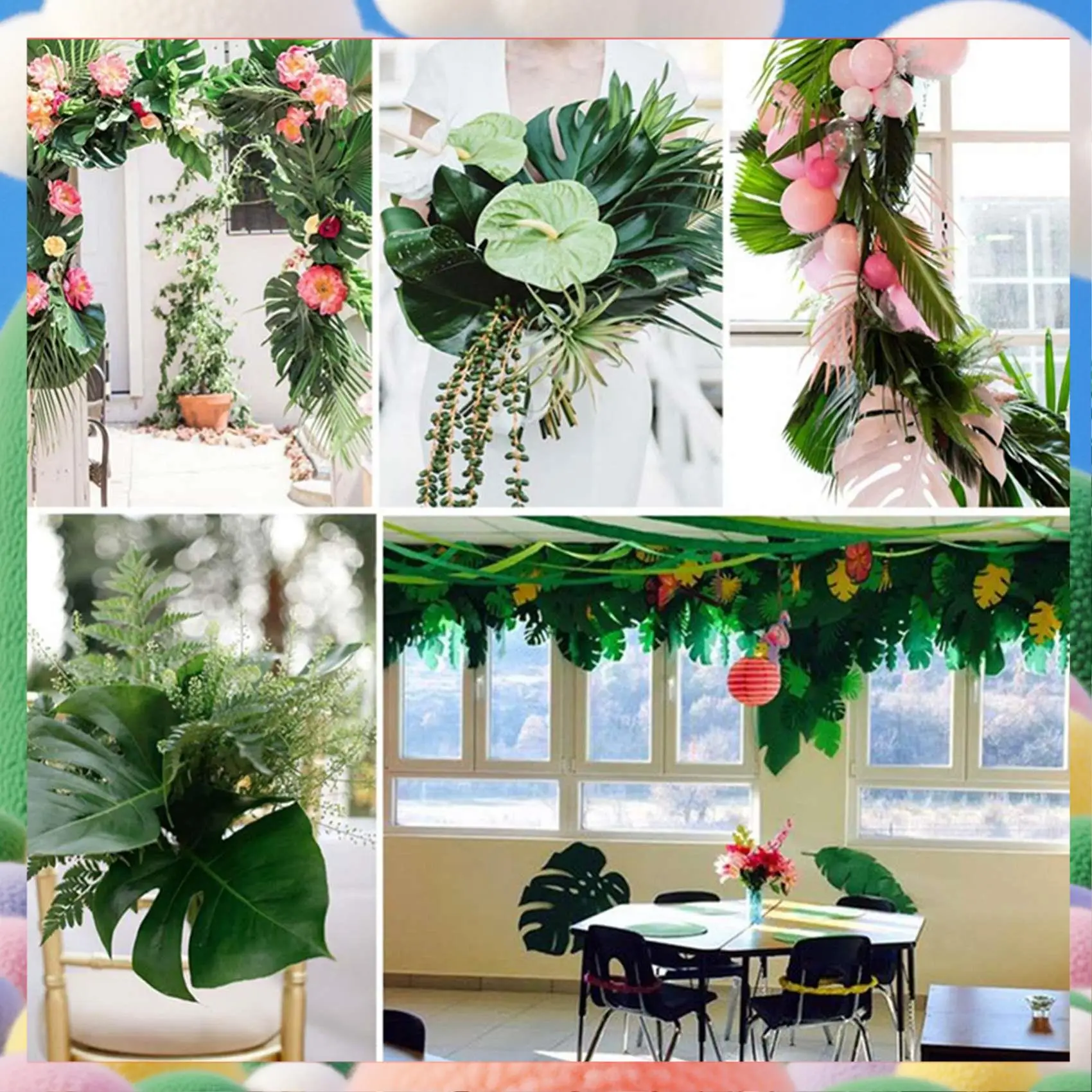 

120 Pcs Tropical Party Decoration Supplies 8 Inch Tropical Palm Monstera Leaves And Hibiscus Flowers, Simulation Leaf-AS97