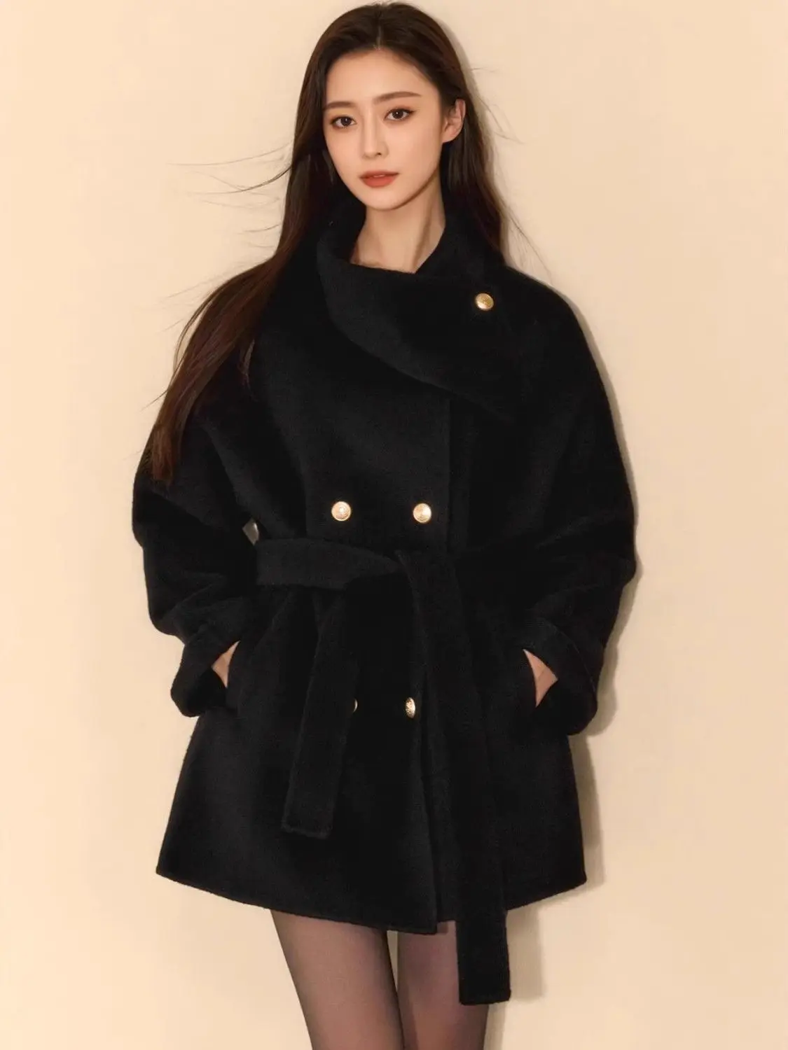 

Elegant Scarf Collar Woolen Coats with Belt Women Fashion Korean Double Breasted Slim Overcoat Fall Winter Casual Lace Up Outfit