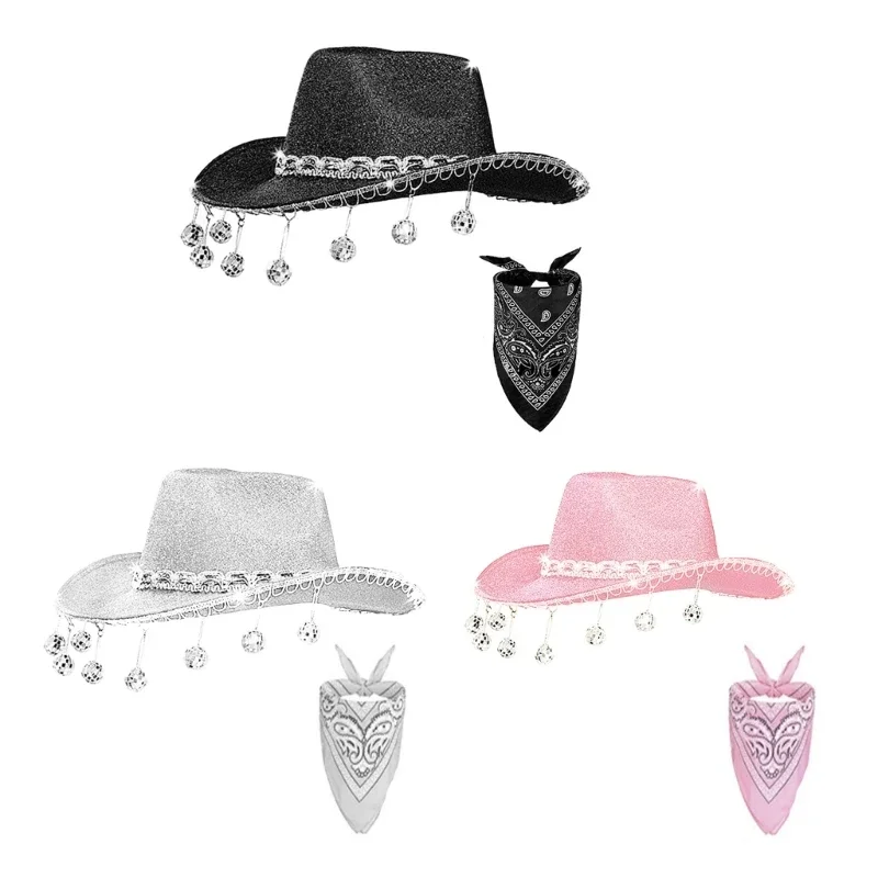 

Shimmering Pink Cowboy Hat with Balls Cowgirl Hat Western Cowboy Cowgirl Hat and Bandanaes Set Wholesale