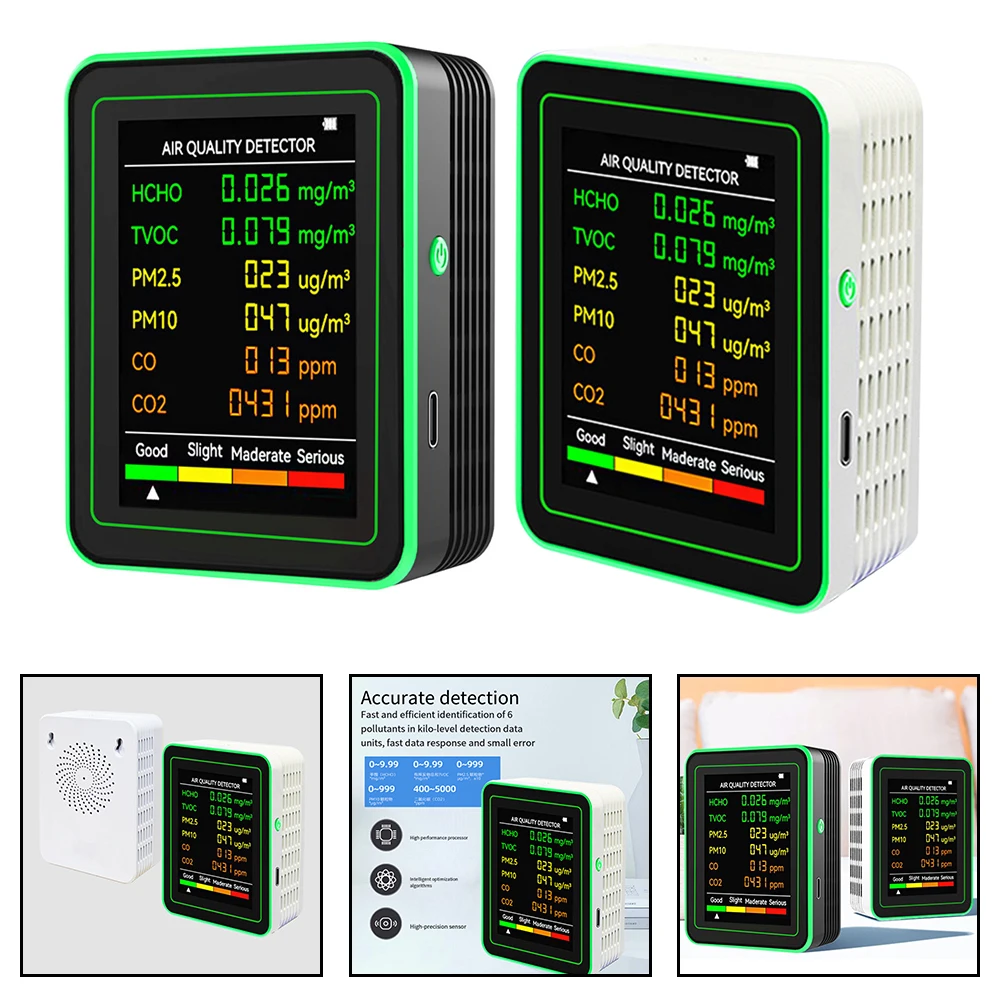 6 In 1 Air Quality Detector Portable Carbon Dioxide Detector Multi-Function PM2.5 PM10 Air Quality Detector Gas Detector