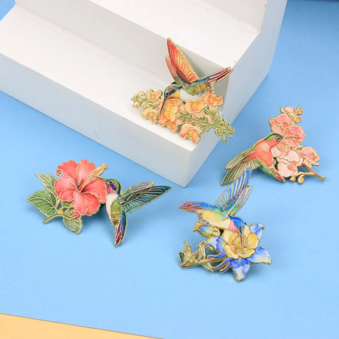 Assorted Vibrant Hummingbird & Floral Enamel Pin Set, Delicate Gold Trim Bird Brooches, Colorful Botanical Metal Badges Jackets view 3