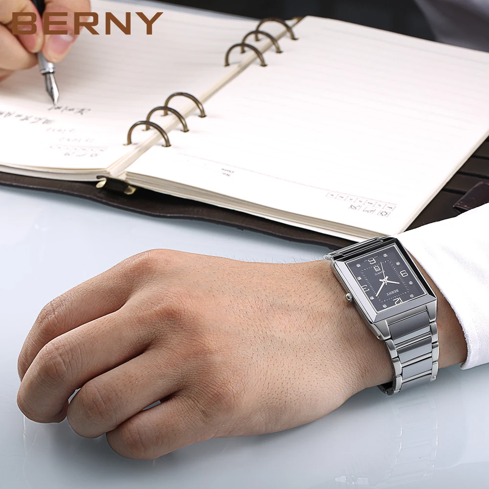 BERNY Tank Watches for Men Calendar Square Stainless Steel Quartz Wristwatch Sapphire Waterproof Dress Business Couple Watch