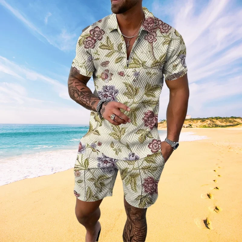 Floral Plant 3D Print Summer Men Sweatsuit Set Casual Zipper Collar Polo Shirt And Shorts 2pcs Sets Holiday style clothing