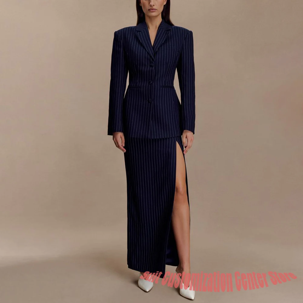

Professional Woman Clothes Navy Pinstripe Blazer with High-Slit Maxi Skirt Sophisticated Evening or Formal Event Suit Set