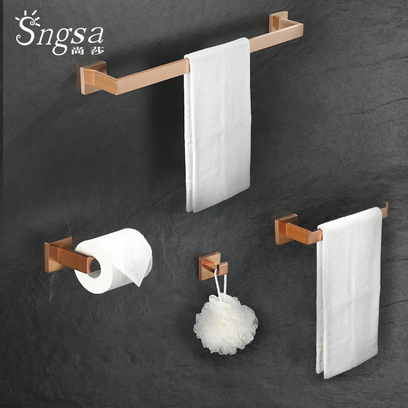 

304 stainless steel brushed rose gold four-piece set: paper towel holder, towel ring, bath towel rack, and bathroom hooks